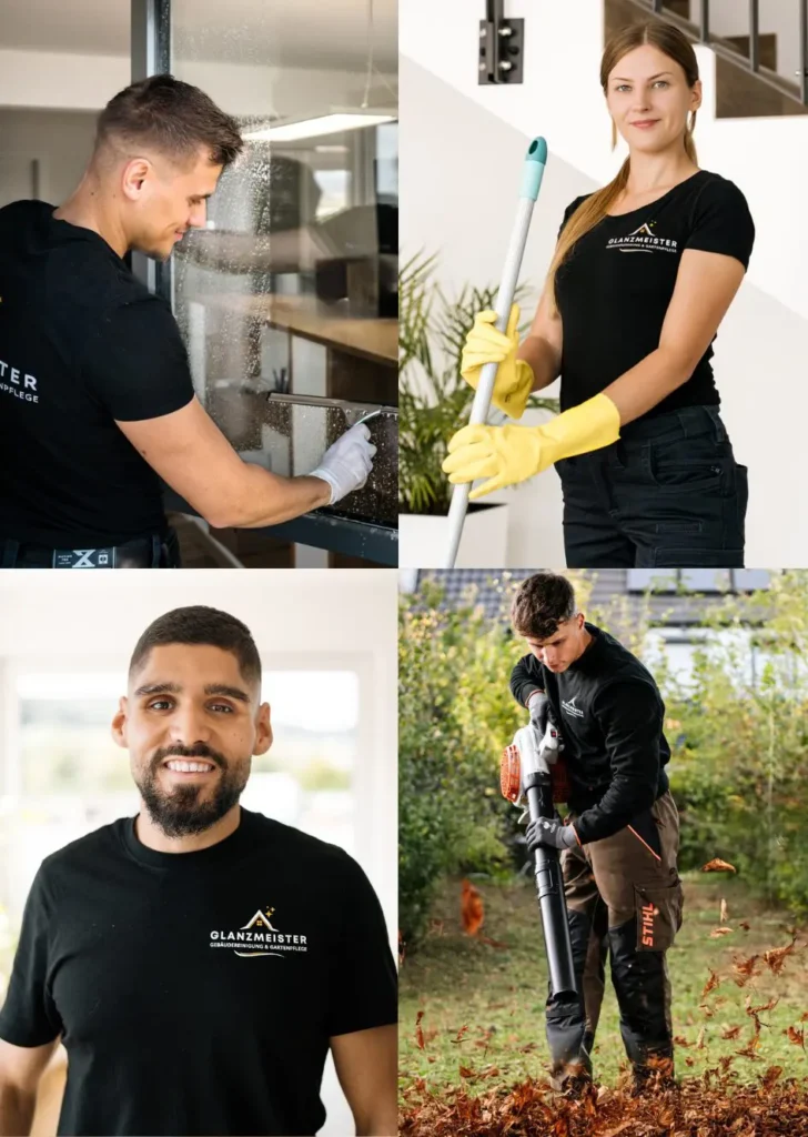 Mitarbeiter der Glanzmeister Gebäudereinigung Marktheidenfeld bei verschiedenen Reinigungsarbeiten, darunter Fensterreinigung, Bodenpflege und Gartenarbeit in Marktheidenfeld.