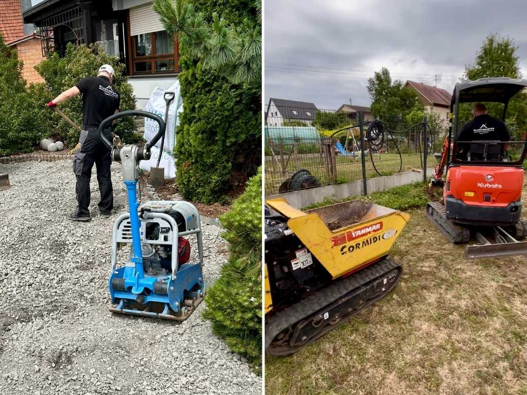 Glanzmeister-Team beim Garten- und Landschaftsbau – Pflastervorbereitung mit Rüttelplatte und Baggerarbeiten im Außenbereich