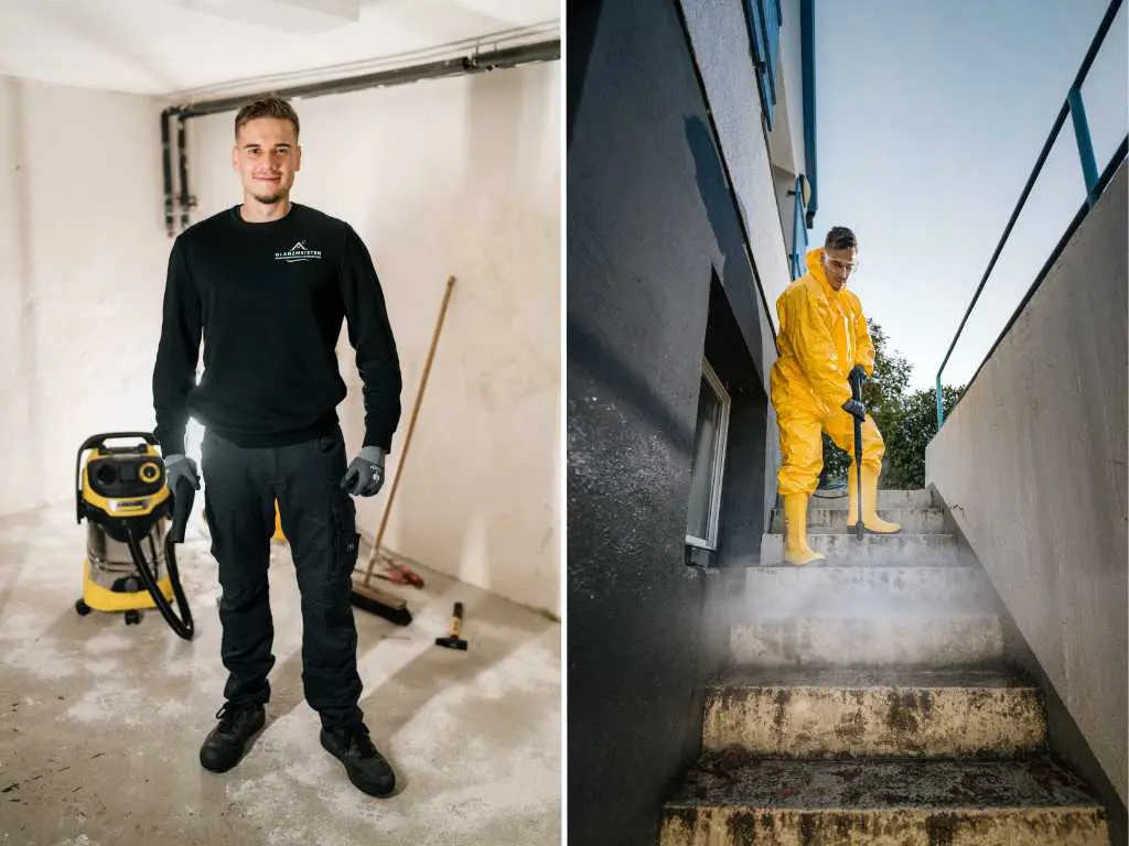 Glanzmeister-Team bei der Grundreinigung und Bauendreinigung – Industriestaubsauger im Innenbereich und Hochdruckreinigung einer Außentreppe